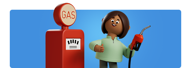 Kroger Kroji Cartoon character standing next to a fuel pump with the fuel pump dispenser in hand giving a thumbs up.