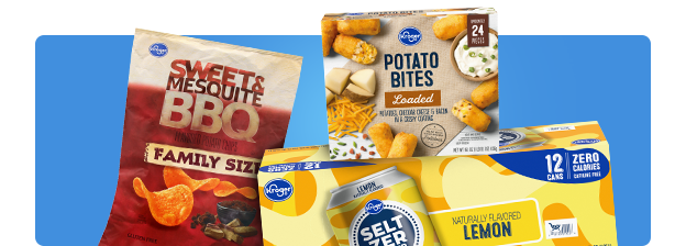 Featuring Kroger brand products such as barbeque chips, frozen potato bites and lemon flavored seltzer water.