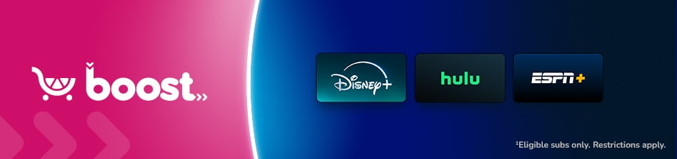 Graphic displaying Kroger Boost logo above Disney+ logo, Hulu logo and ESPN+ logo.