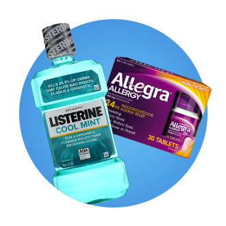 A bottle of Listerine mouth wash next to a box of Allegra allergy tablets.