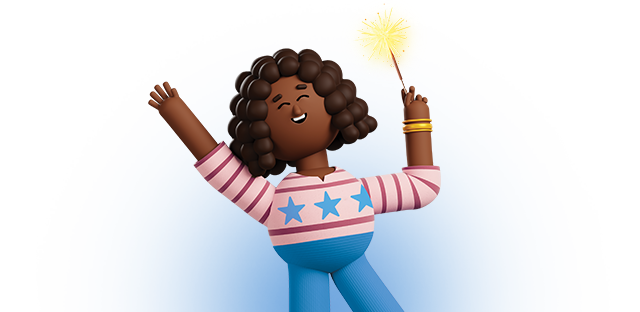 Kroji character smiling while holding a sparkler.