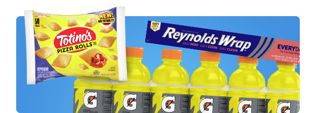 Pizza Rolls, aluminum foil and yellow gatorade on a blue background.
