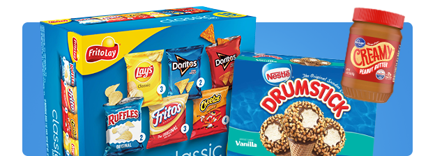  Frito lay multipack chips, peanut butter and drumstick ice cream on a blue background.