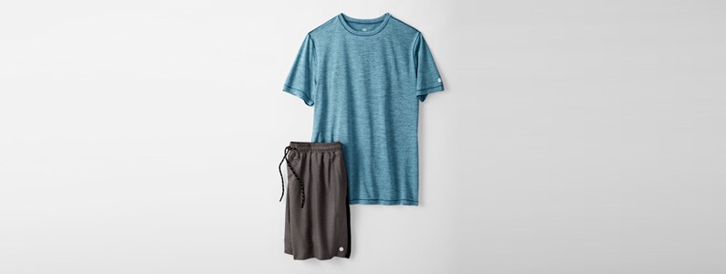 blue t-shirt and gray shorts blue t-shirt and gray shorts