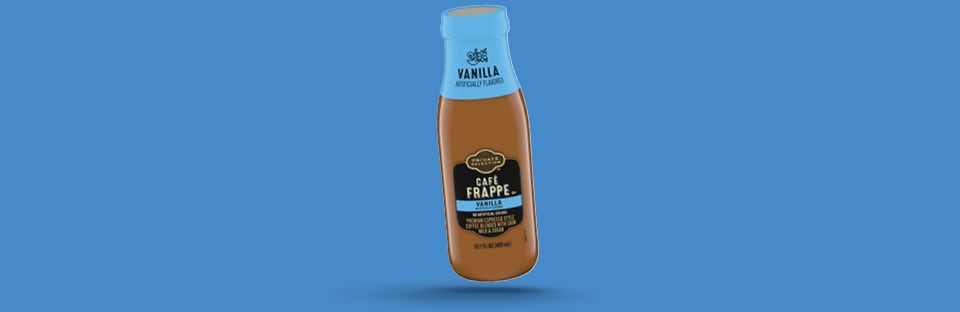 Cafe Frappe bottle on blue background