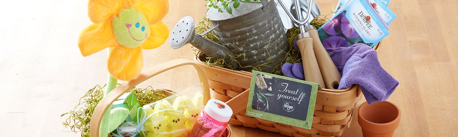Colorful Easter baskets filled with candy, plush animals, art supplies and gardening tools on a hardwood floor Colorful Easter baskets filled with candy, plush animals, art supplies and gardening tools on a hardwood floor