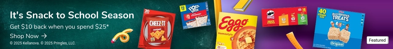 Kellnova Snacks. Pop-tarts and Cheez-its in packaging. Get $10 back when you spend $25 offer.